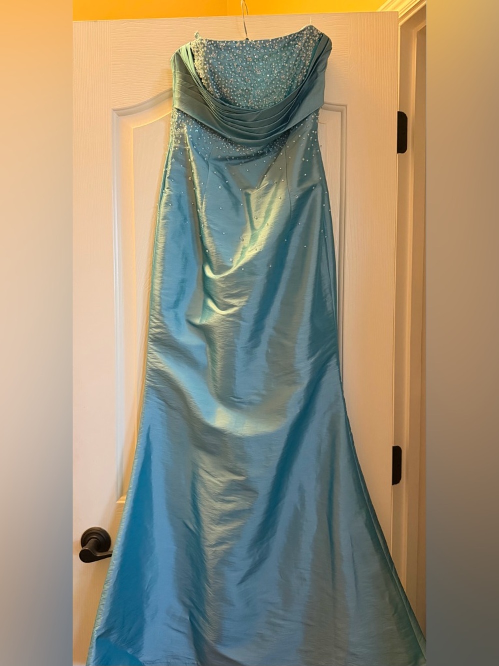Teal Satin Strapless Prom Dress with Beaded Bodice